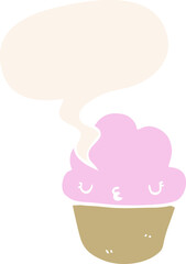 cartoon cupcake with face with speech bubble in retro style