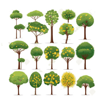 trees flat vector illustrations set. Exotic beach plants isolated design elements pack. Green leaves branches and trunks cartoon collection on white background.