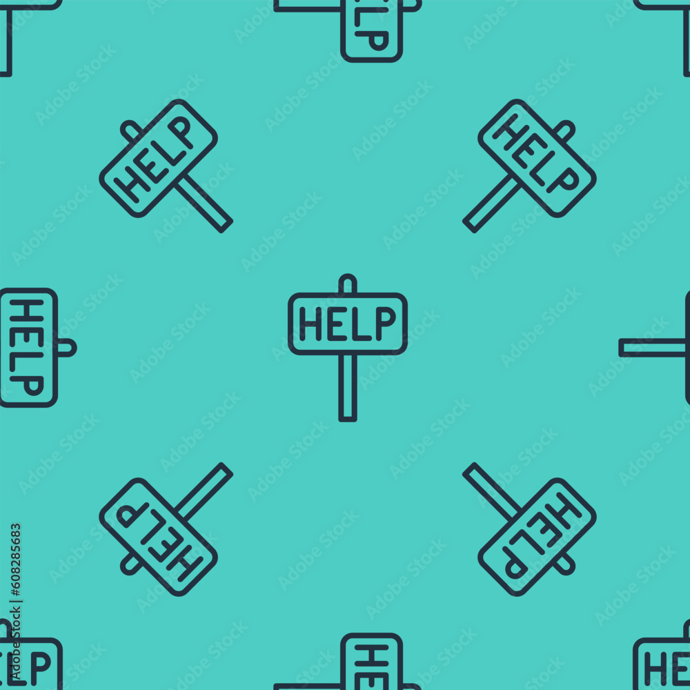 Poster black line ask for help text icon isolated seamless pattern on green background. vector