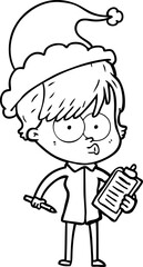 hand drawn line drawing of a woman wearing santa hat