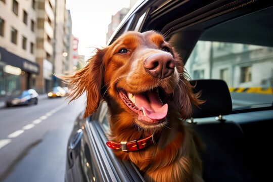 Happy dog with head out of the car window having fun and enjoying road trip.. Generative AI