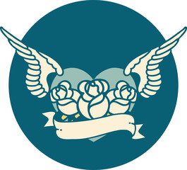 iconic tattoo style image of a flying heart with flowers and banner