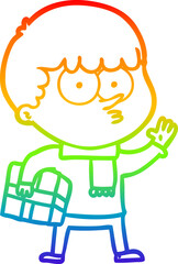 rainbow gradient line drawing of a cartoon curious boy carrying a gift