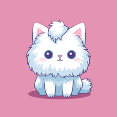 Cute kawaii angora white cat on solid background. Vector illustration.
