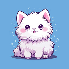 Cute kawaii angora white cat on solid background. Vector illustration.