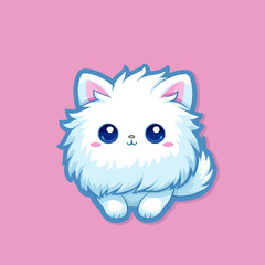 Cute kawaii angora white cat on solid background. Vector illustration.