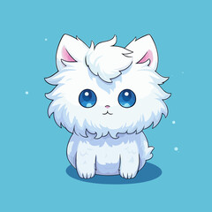 Cute kawaii angora white cat on solid background. Vector illustration.