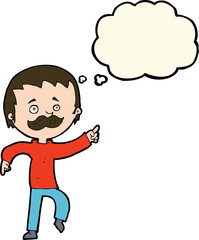 cartoon man with mustache pointing with thought bubble