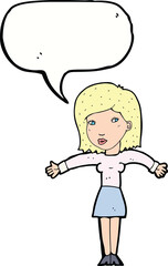cartoon woman shrugging shoulders with speech bubble