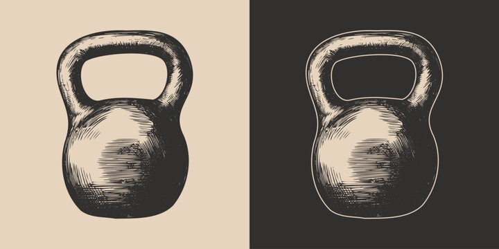 Set of vintage retro fit gym weight kettlenells.. Can be used for emblem, logo, badge, label. mark, poster or print. Monochrome Graphic Art. Vector. Hand drawn element in engraving