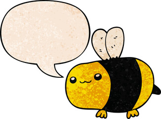 cartoon bee with speech bubble in retro texture style
