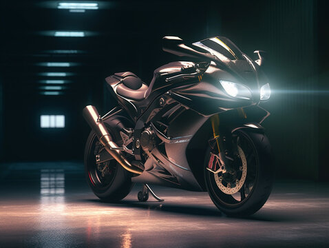A superbike in the parking lot. In an area that uses cinematic lighting and light sources from a certain direction. Picture settings for advertisement photography.