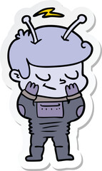 sticker of a bashful cartoon spaceman