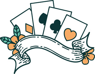 iconic tattoo style image of cards and banner