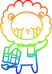 rainbow gradient line drawing of a crying cartoon lion