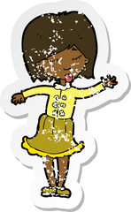 retro distressed sticker of a cartoon waving woman