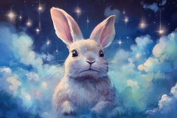 dreamy and ethereal watercolor print of a rabbit surrounded by floating clouds and stars. soft pastel shades and gentle brushstrokes to create a sense of tranquility and enchantment 