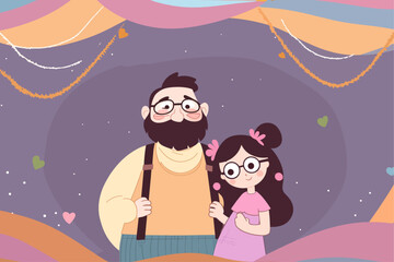 fathers day, children's day banner with copy space vector illustration, cute kid and father vector illustration	