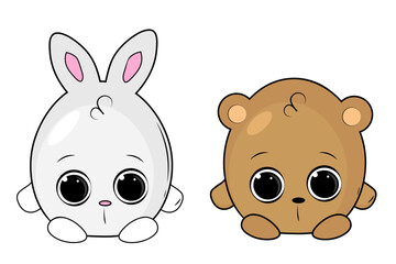 cute cartoon bear and rabbit on white background