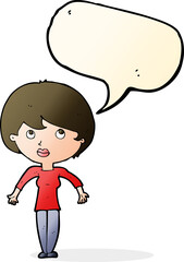 cartoon woman shrugging shoulders with speech bubble