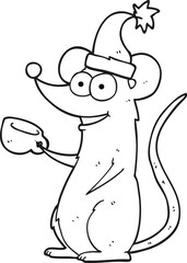 freehand drawn black and white cartoon mouse wearing christmas hat