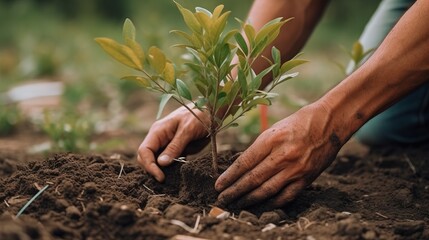 With two hands, the men planted seedlings in the ground. The problem of deforestation of the planet. Generative AI