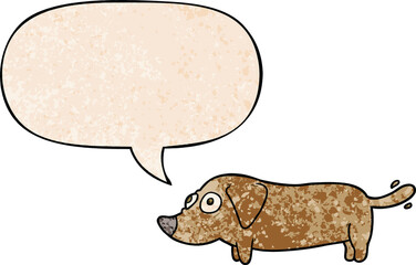 cartoon little dog with speech bubble in retro texture style