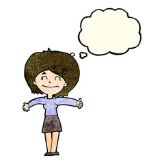cartoon woman giving thumbs up sign with thought bubble
