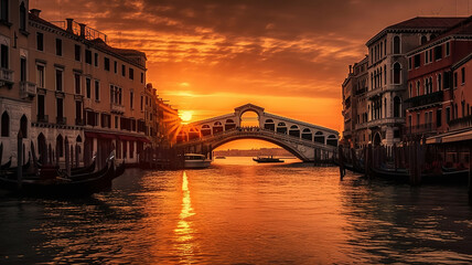 Obraz premium The rialto bridge at sunrise one of the most visited sights of venice italy. Generative Ai
