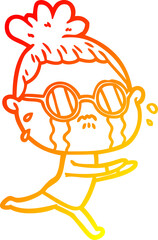 warm gradient line drawing of a cartoon crying woman wearing spectacles