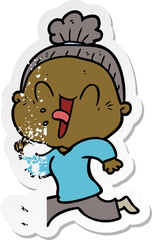 distressed sticker of a cartoon happy old woman