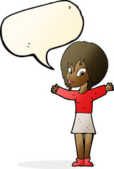 cartoon woman with open arms with speech bubble