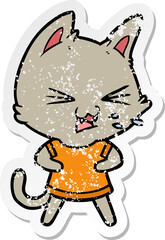 distressed sticker of a cartoon cat hissing