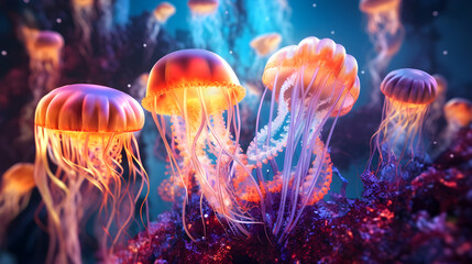 Colorful fantasy jellyfish Abstract biological background. Generative Ai - obrazy, fototapety, plakaty