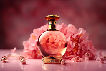 Obraz na płótnie Canvas Bottle of luxury perfume surrounded by peonies flowers, close up Generative AI