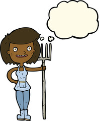 cartoon happy farmer girl with thought bubble