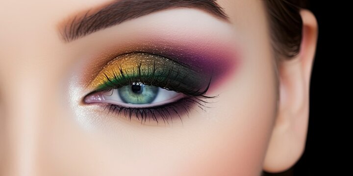 Female eye with colorful make-up. Beautiful woman eye with long eyelashes.. Macro and close-up creative make-up theme