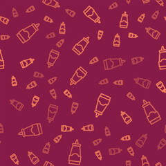 Brown line Sauce bottle icon isolated seamless pattern on red background. Ketchup, mustard and mayonnaise bottles with sauce for fast food. Vector
