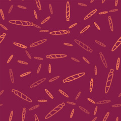 Fototapeta na wymiar Brown line Marijuana joint, spliff icon isolated seamless pattern on red background. Cigarette with drug, marijuana cigarette rolled. Vector