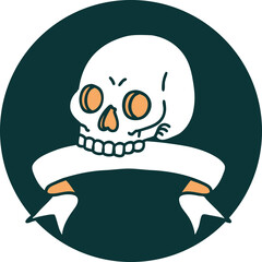 tattoo style icon with banner of a skull