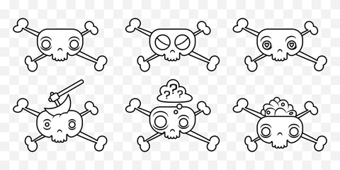 Cute skulls with crossbones, cartoon comic style illustration. Vector isolated on background.