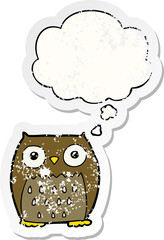 cartoon owl with thought bubble as a distressed worn sticker