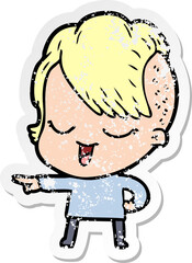 distressed sticker of a happy cartoon girl pointing