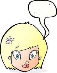 cartoon happy female face with speech bubble