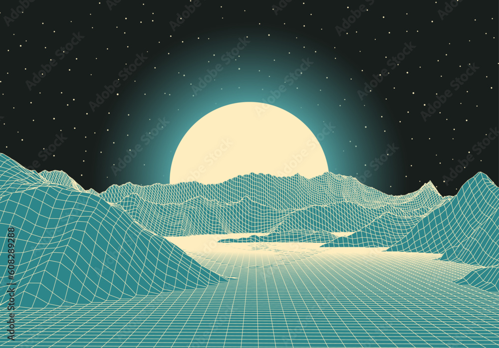 Poster retro futuristic landscape with mountains and sun in deep space. 80s styled synthwve landscape with 