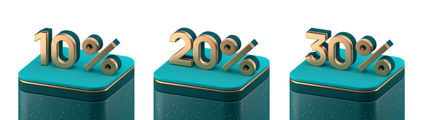 Set of discount figures with percents isolated on white background. Ten 10, twenty 20, thirty 30 discount on a platform. Deposit credit range adverticement. 3d rendering