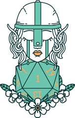 Retro Tattoo Style sad elf fighter character with natural one d20 roll