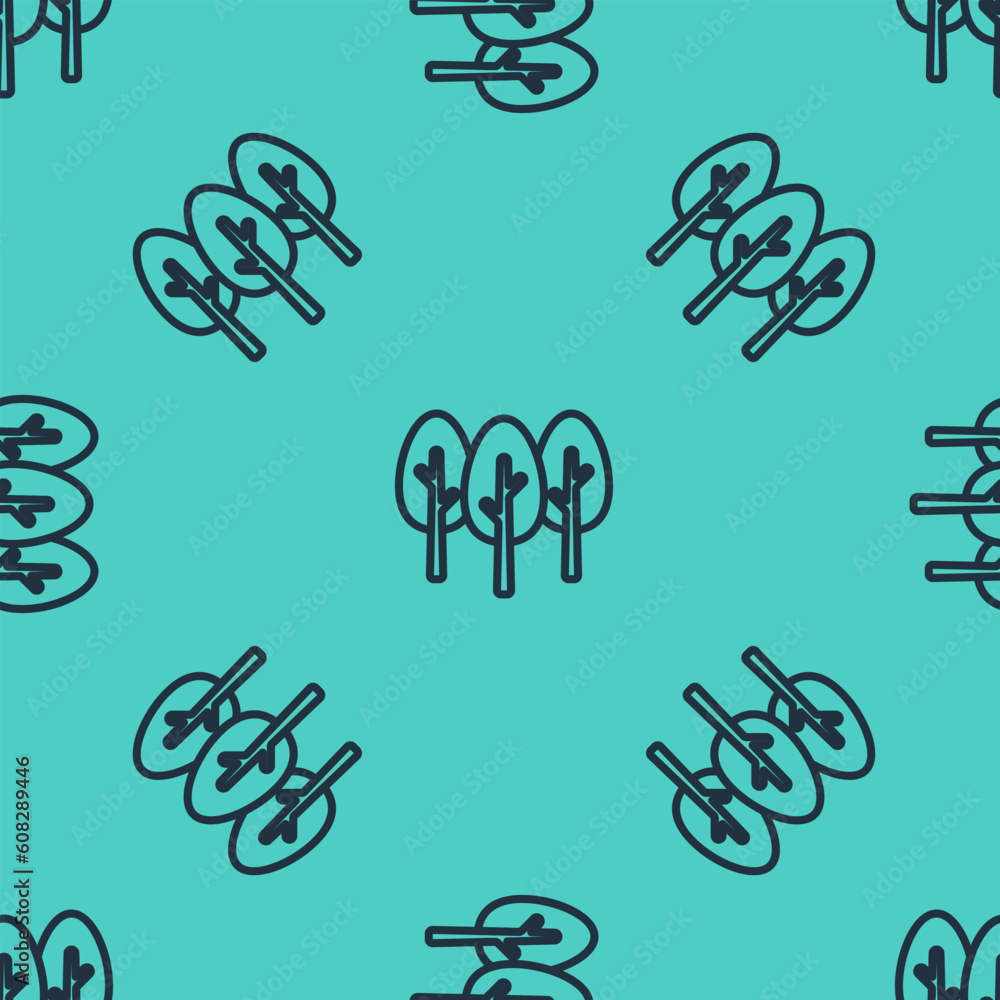 Poster black line tree icon isolated seamless pattern on green background. forest symbol. vector