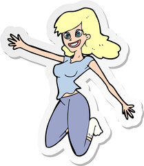 Fototapeta na wymiar sticker of a cartoon jumping woman
