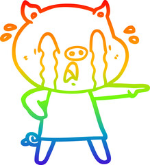 rainbow gradient line drawing of a crying pig cartoon wearing human clothes